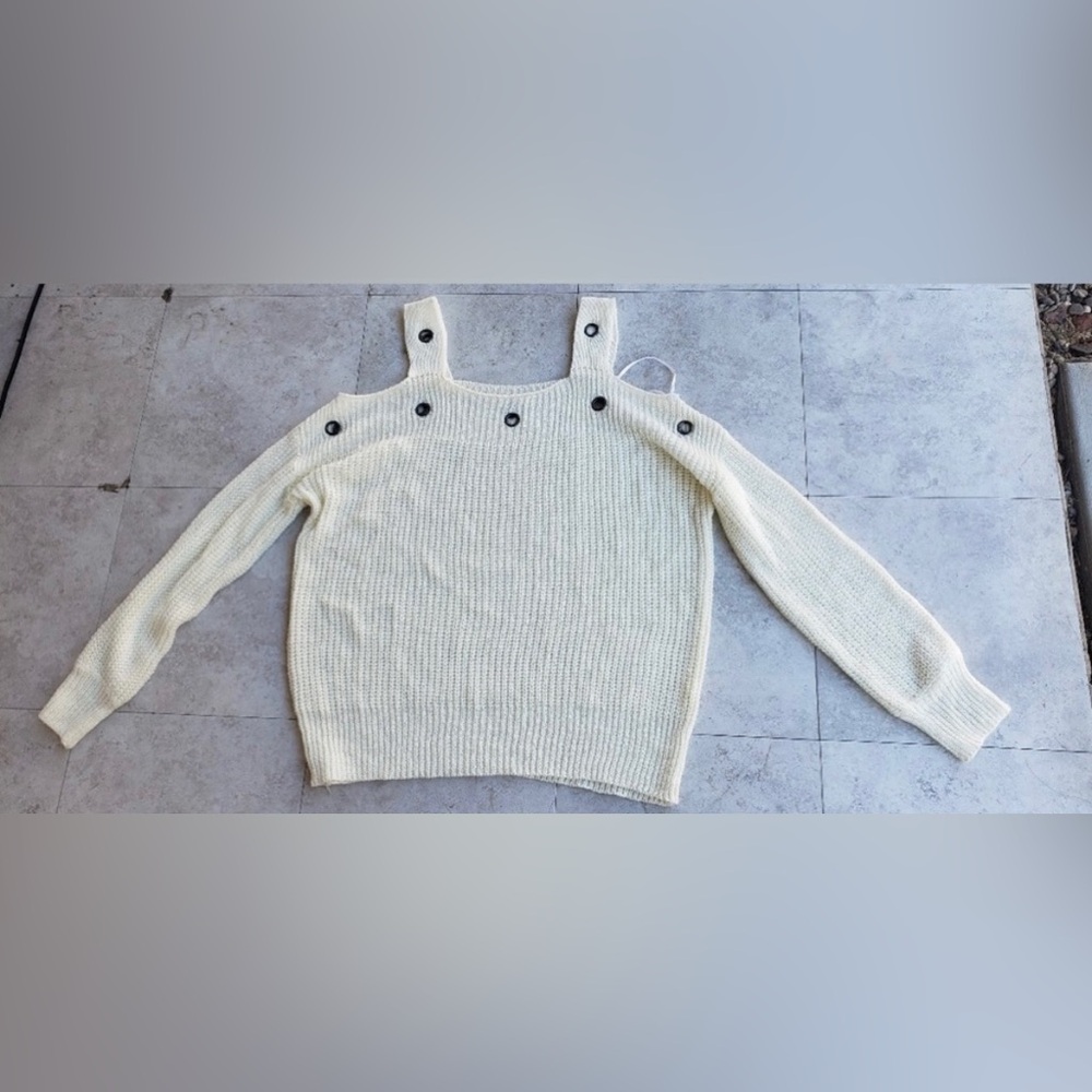 Women's Cream Sweater with Shoulder Cutout and Button Detail